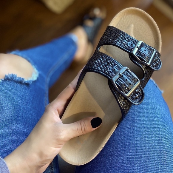 Shoes - Black Double Buckle Woven Lightweight Slides